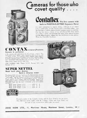 This 1935 advertisement shows three of the famous Zeiss Ikon 35 mm model cameras from the mid-1930s.