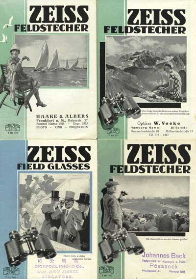 Four cover pages from Carl Zeiss binocular  catalogs from the 1920s.