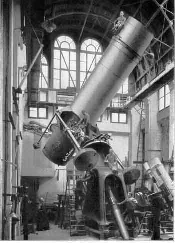 This huge reflecting telescope was made for the Observatory at Berliln Babelsberg in 1915 along with several other different large Zeiss telescopes .  The mirror was 48.5 inches wide.  This also shows the complex weights and counter-weight systems and clockworks movements.